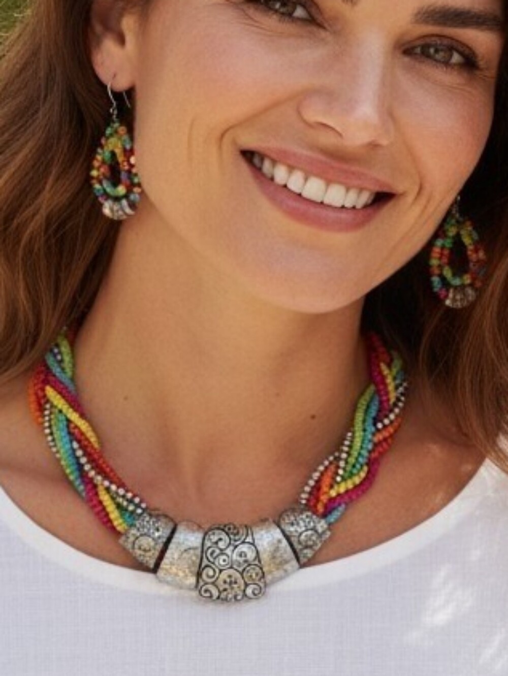 Just Jewelry Multicolor Beaded Necklace Earring Set Silvertone
